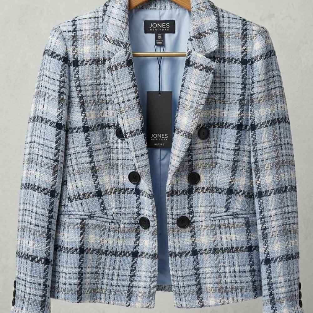 Jones New York Plaid Tweed Blazer NWT Petite Small Blue Jacket Open Front - Picture 3 of 13